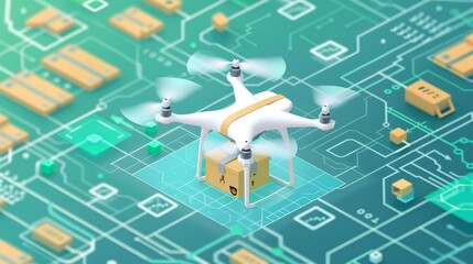 Wall Mural - E-commerce: A 3D vector illustration of a delivery drone carrying a package