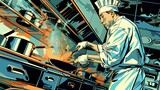 Fototapeta Przestrzenne - Dynamic Pop Art of a Professional Chef Cooking in a Busy Restaurant Kitchen with Stainless Steel Appliances