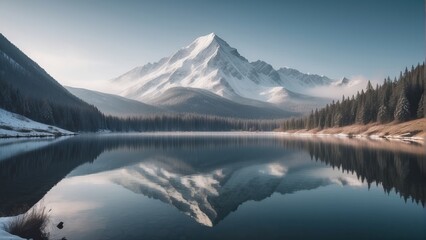 Snow covered Mountain reflecting in a calm lake, professional photography