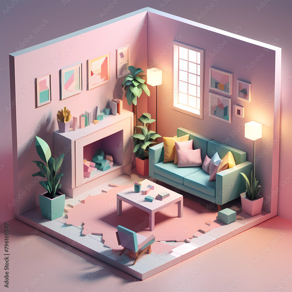 cube cutout of an isometric living room, 3d art, pastel colors, soft ...