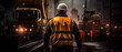 Dramatic image of a worker in a reflective vest overseeing the safe transport of heavy materials with a crane,