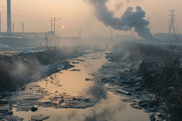 Wall Mural - Smog-filled skies over a polluted river, highlighting the dangers of unchecked industrialization