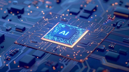 Wall Mural - Detailed view of an AI processor chip on a blue circuit board with glowing elements.