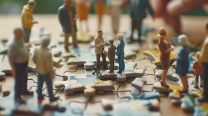 Miniature people on a puzzle surface, engaging in discussions and social interactions.