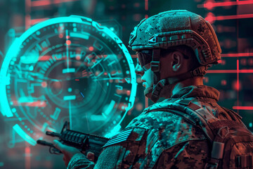 Wall Mural - soldier with tactical military HUD and battlefield scenarios