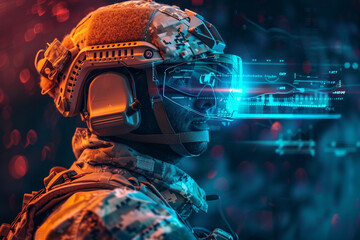 Wall Mural - soldier with tactical military HUD and battlefield scenarios