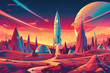 Space Colonization Dome cities on Mars with a classic rocket ship landing in bright optimistic colors