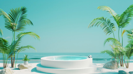 Poster - Tranquil beach scene with modern circular hot tub and lush palm trees