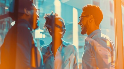 Wall Mural - Three young professionals engage in a lively discussion in a sunny, modern office setting.