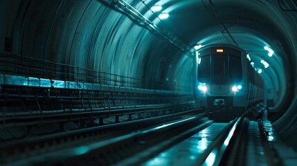 Aufkleber - A metro train passing through an underground tunnel, its lights illuminating the darkness as it transports passengers swiftly and safely beneath the city streets.