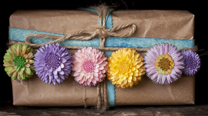 Wall Mural - A brown box with a blue ribbon and a bunch of flowers on it. The flowers are of different colors and sizes, and they are arranged in a way that they look like they are tied together