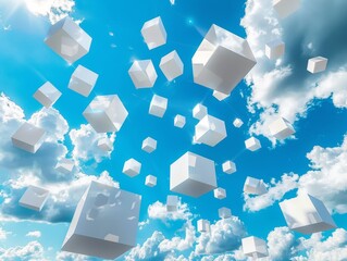 Canvas Print - Surreal perspective with floating 3D cubes against a sky-blue backdrop in geometric abstraction