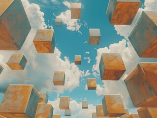 Poster - Geometric abstract, 3D cubes floating against a sky-blue background, surreal perspective