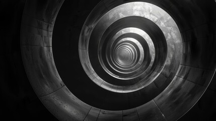 Poster - Geometric abstract, layers of circles and ellipses creating a 3D tunnel effect, monochrome with depth