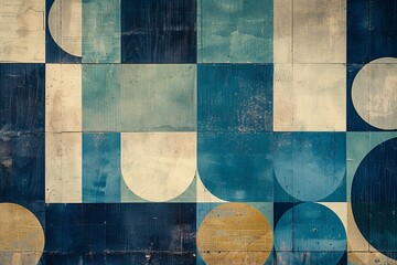 Poster - Geometric abstract, minimalist design features overlapping circles, squares, monochromatic hues, subtle textures