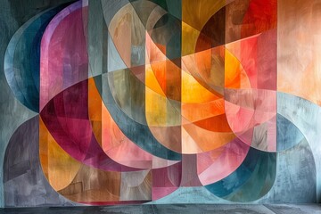 Poster - Geometric abstract, overlapping transparent shapes creating a layered effect, soft pastel colors, modern art