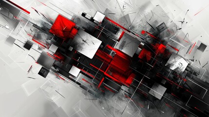 Poster - Geometric abstract with sharp angles, squares overlap monochrome, a splash of red adds vibrancy