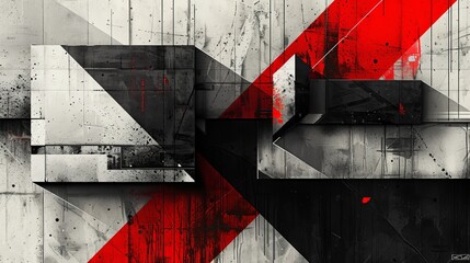 Poster - Geometric abstract, sharp angles and overlapping squares, monochrome with a splash of red