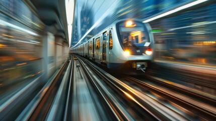 Aufkleber - A modern metro train speeding through an urban landscape, passengers seated comfortably, illustrating the efficiency and convenience of public transportation.