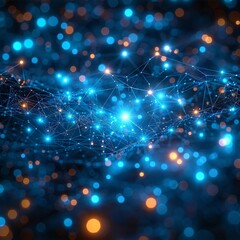 Fototapete - In a dark background, nodes connect through laser beams in a glowing blue network