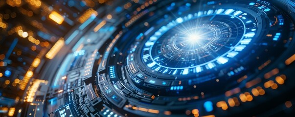 Poster - Technology abstract, holographic interface elements floating in space, cool blue and white