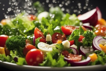 'fresh salad flying vegetables ingredients motion health care fit slim detox food white background plate green diet dieting dinner mushroom bowl vegetarian onion meal fly leaf closeup isolated move'