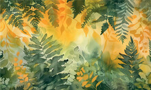 Watercolor Background Pattern Yellow Green Leaves Fern