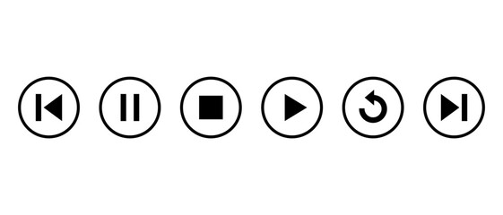 Pause, stop, play, replay, previous, and next track icon on circle line