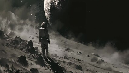 Wall Mural - a man in a spacesuit is walking on a rocky surface. the image has a dark and moody atmosphere, with 