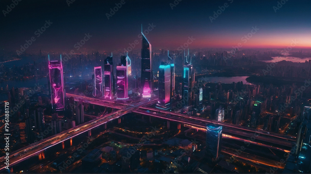 A futuristic cityscape illuminated by neon lights, showcasing advanced ...