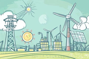 Cartoon cute doodles of a futuristic energy grid powered by renewable sources such as solar panels, wind turbines, and advanced fusion reactors, Generative AI