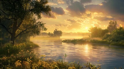 Poster - A serene countryside scene as the sun rises over a tranquil river, casting a golden reflection on the shimmering waters and signaling the start of a new day's adventures.