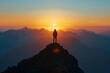 person standing on top of mountain look at the sunrise