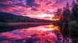 A serene lake reflects the colors of a fiery sunrise sky, creating a breathtaking scene of natural beauty and tranquility.