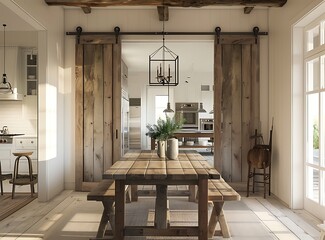 White farmhouse dining room with a rustic wooden table and chairs, a chandelier hanging above a long rectangular wood bench in front of a large oak floor to ceiling window with a sliding barn door