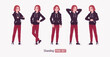 Young hoodie wear guy stand, wait pose set. Cute active man wearing basic casual look red jeans, male street style everyday sneakers, cool long hairstyle of ruby wine dye color. Vector illustration