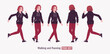 Young hoodie wear guy run, walking pose set. Cute active man wearing basic casual look red jeans, male street style everyday sneakers, cool long hairstyle of ruby wine dye color. Vector illustration