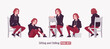 Young hoodie wear guy sitting, rest pose set. Cute active man wearing basic casual look red jeans, male street style everyday sneakers, cool long hairstyle of ruby wine dye color. Vector illustration
