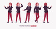 Young hoodie wear guy happy positive pose set. Cute active man wearing basic casual look red jeans, male street style everyday sneakers, cool long hairstyle of ruby wine dye color. Vector illustration