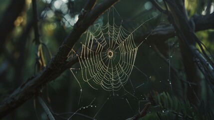 Poster - A spider spinning its delicate web between tree branches, patiently waiting for prey to ensnare