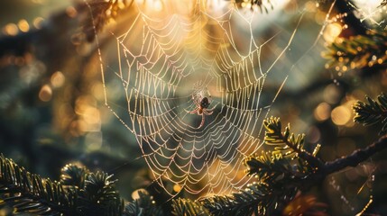 Poster - A spider spinning its delicate web between tree branches, patiently waiting for prey to ensnare