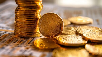 Poster - A stack of gold coins and bars on a financial report, symbolizing wealth accumulation and financial success