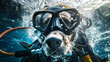 An imaginative image of a dog wearing scuba diving gear underwater, surrounded by bubbles.