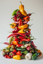 A Colorful Arrangement Of Various Fresh Peppers And Garlic Stacked Artistically.
