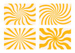 Old groovy backgrounds set. Hippie backdrops with curved stripes. Y2k aesthetic. Retro psychedelic vector illustration. Abstract patterns with colorful rays. Twisted design in yellow colors.