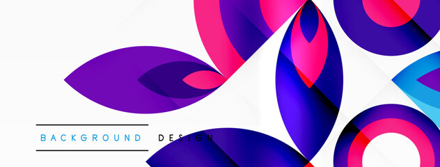 Aufkleber - A vibrant art piece featuring circles and leaves in shades of purple, magenta, and electric blue on a white background. Creative arts at its finest with a bold font and intricate patterns