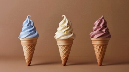 Sticker - Three soft serve ice creams in waffle cones with different flavors on a beige background