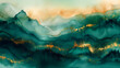 © Stima - abstract painting mountain landscape by fluid green watercolor ink with gold accent of sunlight sky in concept nature, luxury