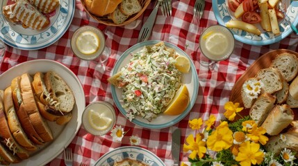 Poster - A traditional American picnic spread with sandwiches, potato salad, and lemonade, perfect for a day outdoors