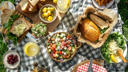 Poster - A traditional American picnic spread with sandwiches, potato salad, and lemonade, perfect for a day outdoors